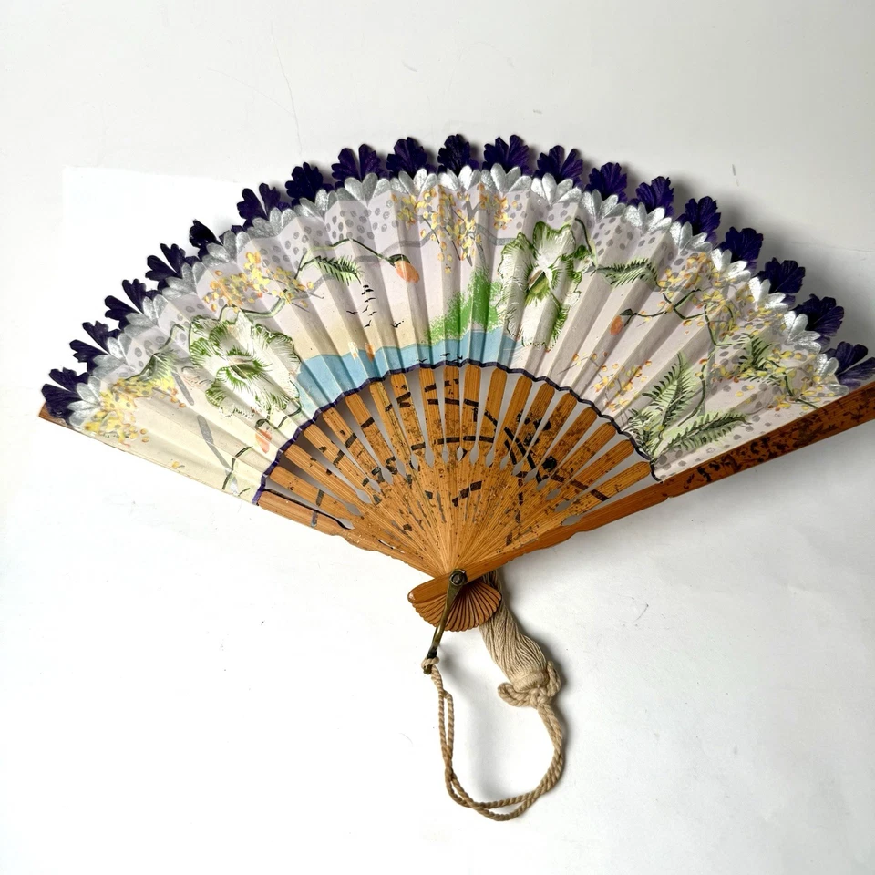 古董日本折叠巧妙彩绘纸风扇 Sensu 竹双面 — 第 2/4 张图片