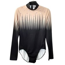 Balera Dancewear Womens L Crystal Leotard Black Tan Zip Close Dance Gymnastics