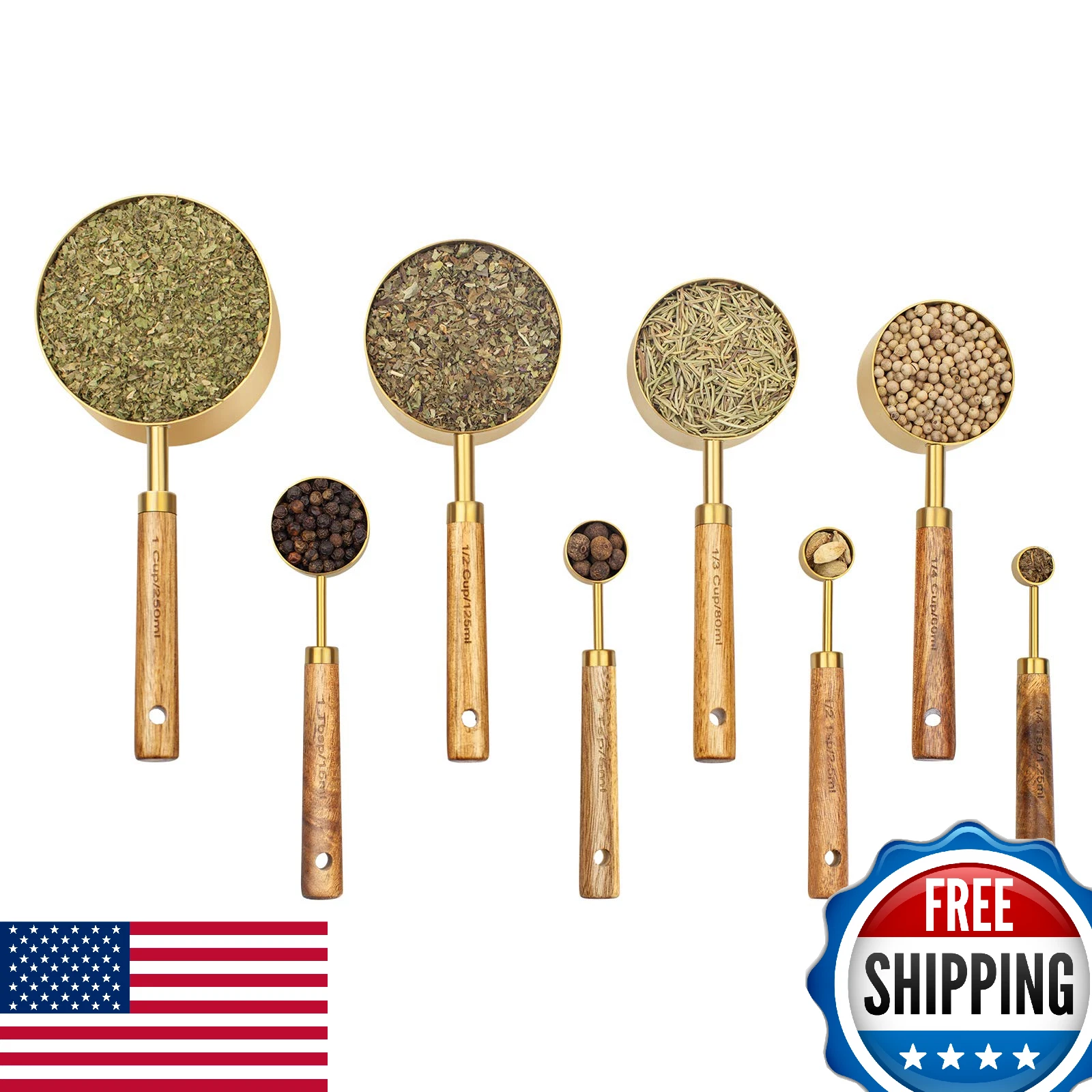 Muchtolove 8-Piece Stainless Steel Measuring Cups Spoons Set Golden Kitchen Baki