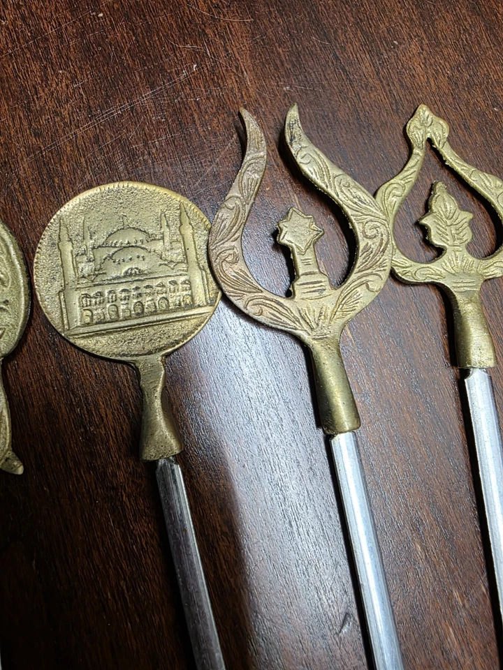 Vintage Turkish shish kebab brass handles stainless steel shafts. Set Of 6 - Image 3 of 4