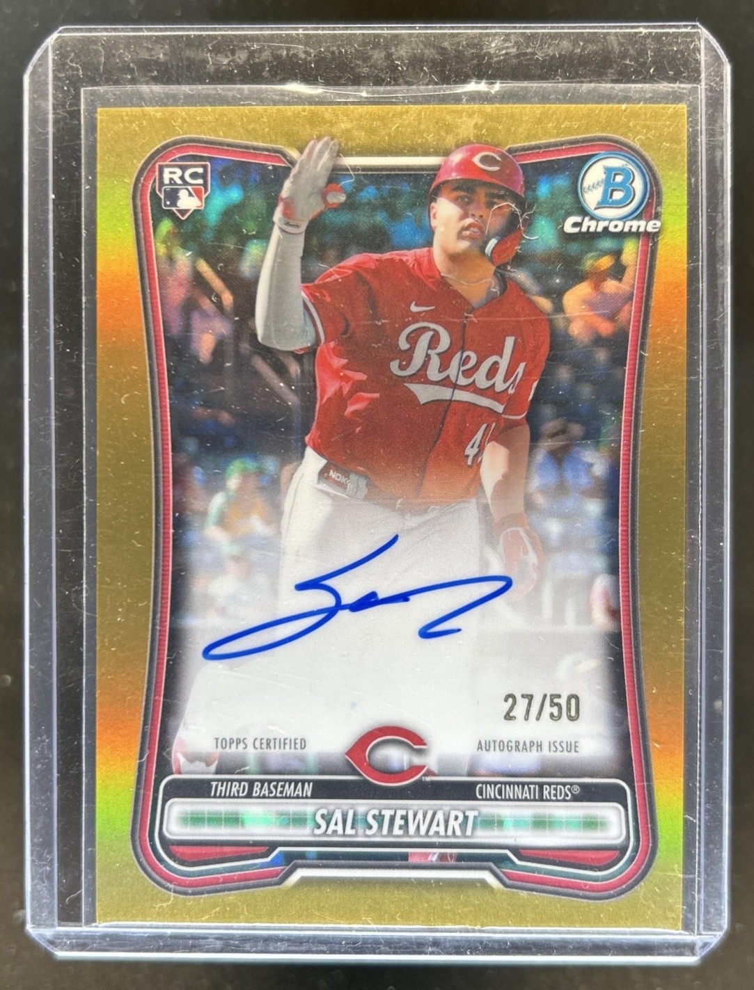 2026 Bowman Sal Stewart Chrome Auto Autograph RC Gold Refractor #/50 Reds Rookie view 1