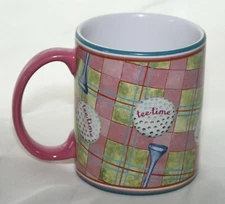 TEE TIME Coffee Mug by Paula Joerling Lang Companies Plaid on Pink w/ Golf Balls