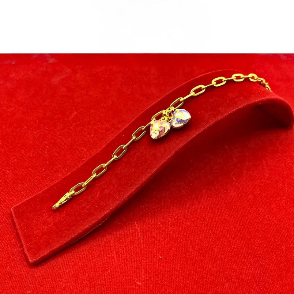 Bracelet Chain Double Heart Pendant 23k 24k Thai Baht Gold Plated Jewelry Women - Image 2 of 4