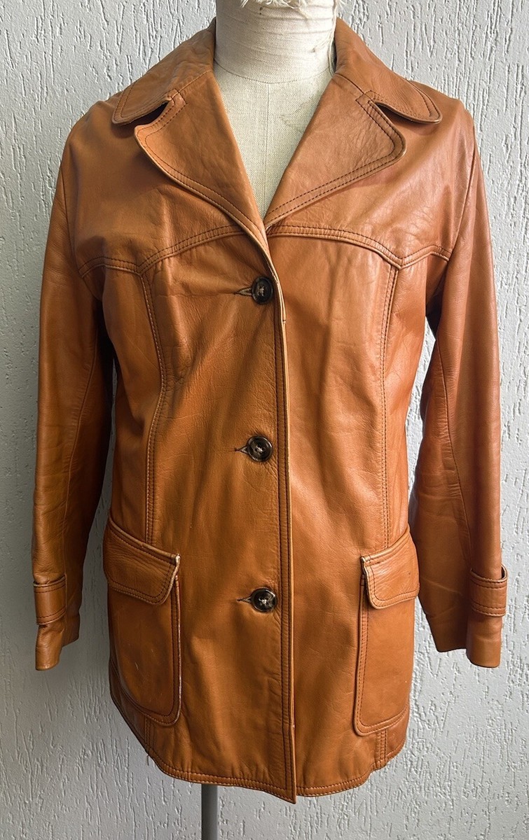 Vintage 1960s 1970s Women’s Orange Leather Jacket Western Cowboy Mod Style  38 M