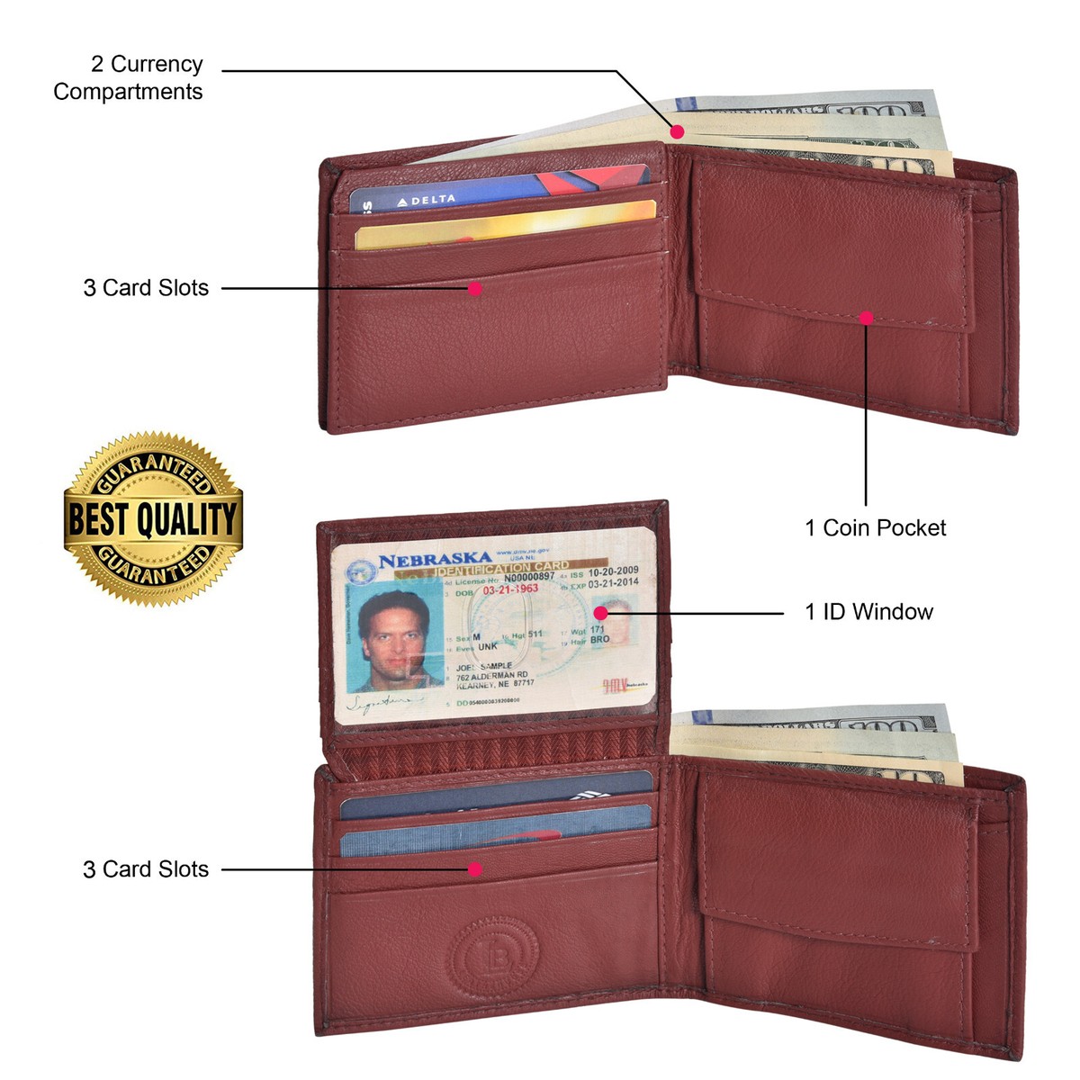 Men's Leather Bifold Credit ID Card Holder Wallet with Zipper Coin