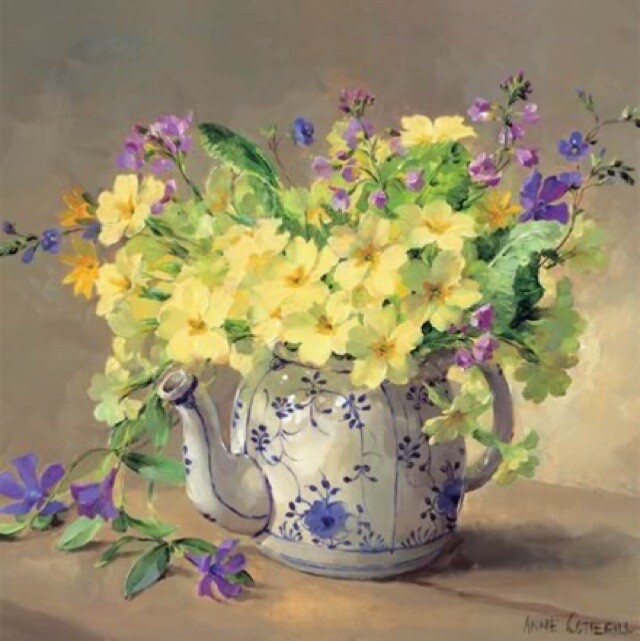 Anne Cotterill Art Blank Greeting/ Birthday Card - Primroses in Teapot Flowers