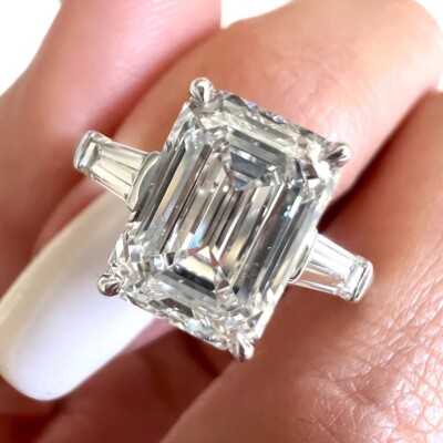 4.88Ctw Emerald Cut Moissanite Three Stone Engagement Ring 14K White Gold Plated