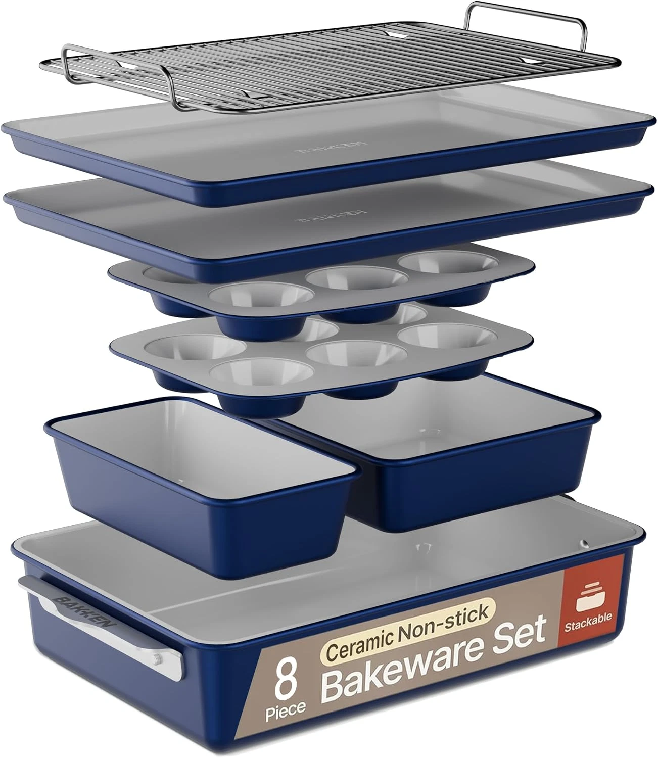 Bakken 8-Piece Non-Stick Bakeware Set with Cooling Rack - Oven Safe & Healthy