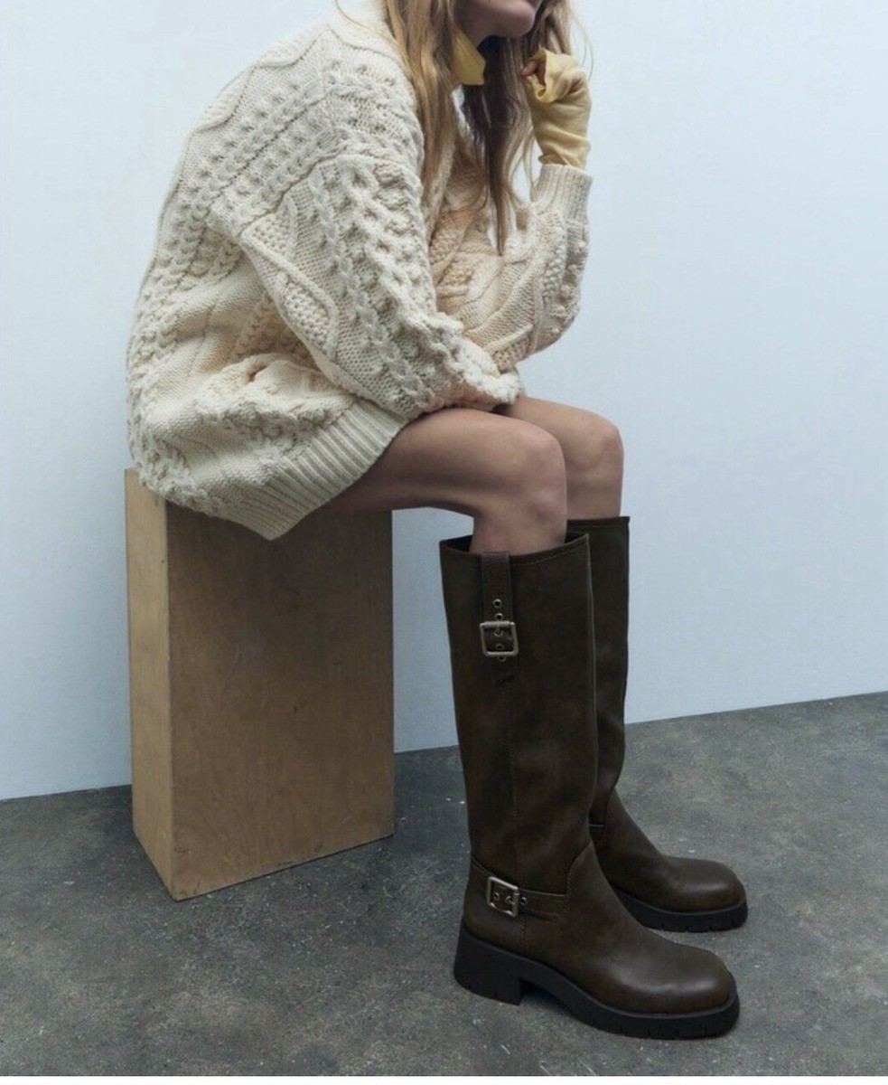 Zara Brown Leather Knee High Riding Boots With Buckle Women Size