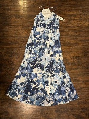 Tahari Arthur Levine Blue Color Floral Maxi Dress, W/Pockets Sz
