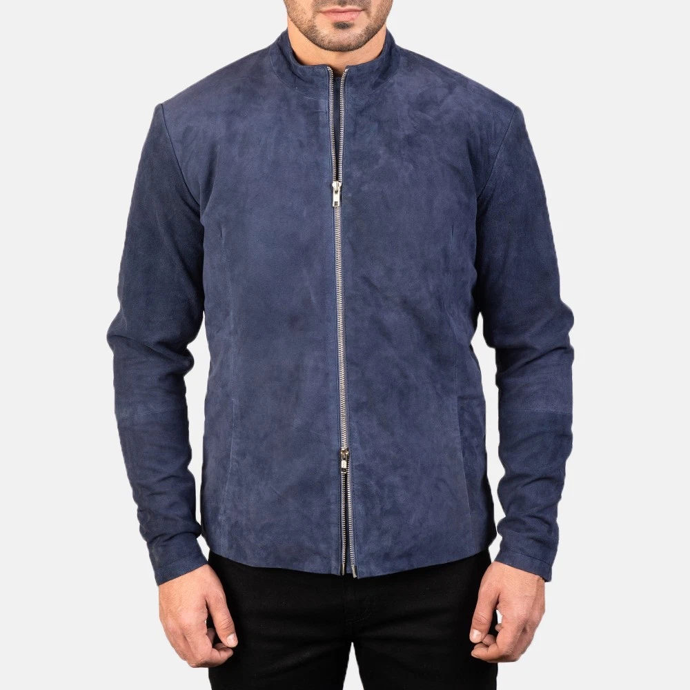 Men Genuine Lambskin Navy Blue Suede Leather Jacket With Zipper & Pocket MSJ7a