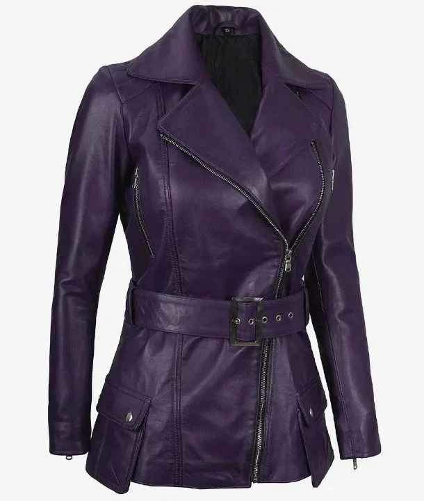 Women New Belted Asymmetrical Moto Biker Real Lambskin Purple Leather Jacket - Image 2 of 4