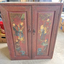 Antique Chinese Hand-Painted Cabinet w Figural Panels  & Drawers 30” Wood Chest