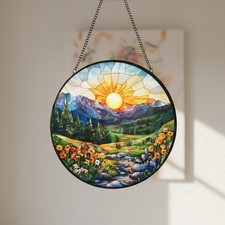 Mountain Valley Sunrise Stained Glass Suncatcher, Nature Window Decor