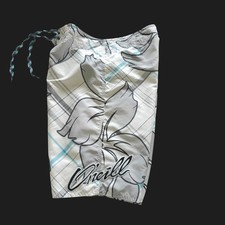 Y2K O'Neill Plaid Floral Board Shorts Grey White Blue Swim Trunks Size 34