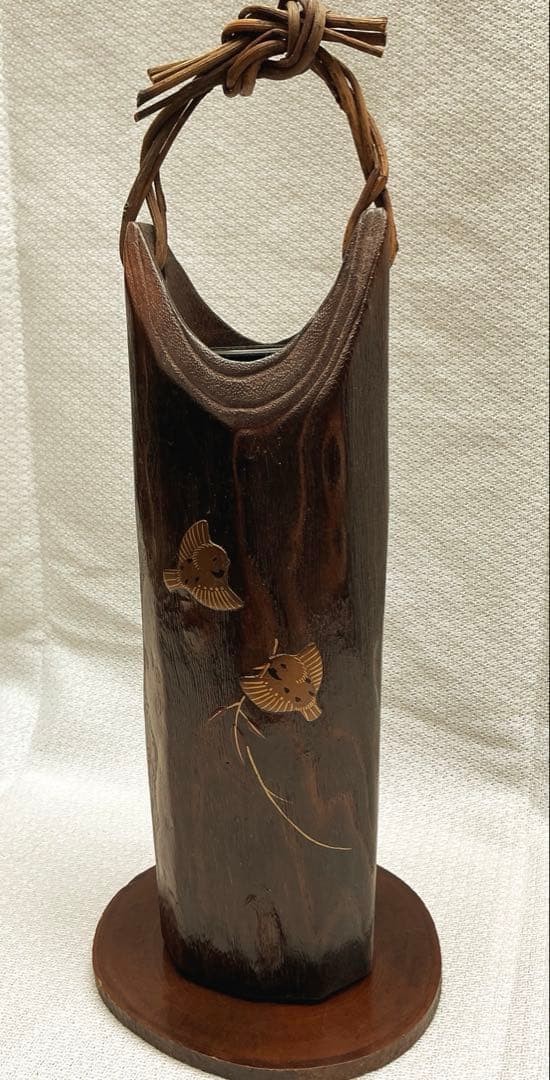 Wooden Vase with Carved Sparrow, Japanese Antique Tea Ceremony Decor