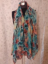 Rectangle Scarf Floral Art Aqua Blue Pink Olive Wrap Sarong Beach Flowers