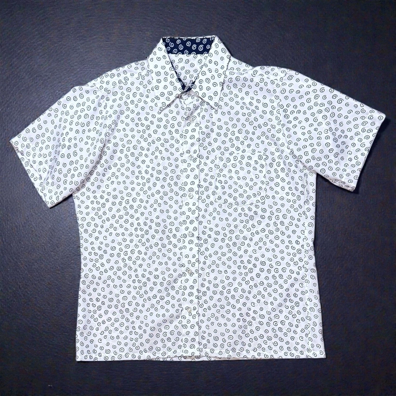 Custom Handmade Camp Shirt Mens White Blue Swirl Pattern Short Sleeve ~Size L