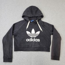 Adidas Hoodie Womens Medium Cropped Trefoil Black White Trefoil Pullover