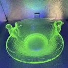 Uranium Glass Bird Bowl Double Bird Handle Green Depression Glow 7.5”