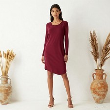 Vintage Minimalist Midi Dress Red Jersey Sheath Scoop Neck Long Sleeve Zip M