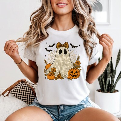 Geist Halloween Damen T-Shirt Kürbisse Fledermäuse Spinnennetz
