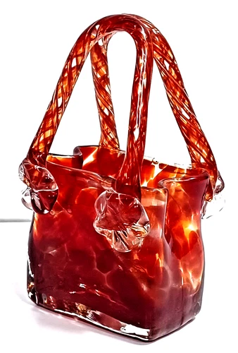 Vintage Murano Style Hand-Blown Red Art Glass Bag Purse Vase