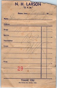 1954 Ossian Iowa N.H. Larson DVM Veterinarian Receipt Drugs Vaccination Serum IA