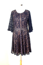 Whimsigoth Fairycore MISS MAY Mini Dress Sz. L Navy Lace Tulle Floral 3/4 Sl. 