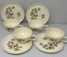 4 1960's Misty Pine Cone Stetson Marcrest Coffee Cup & Appetizer Plate Made USA
