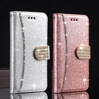 Diamond Bling Kristall Magnet Leder Flip Wallet Case Hülle für Samsung Galaxy