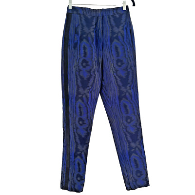 CHRISTOPHER KANE Silk BLUE MOIRE Wood All Over Print Pants Designer S US-4 UK-8