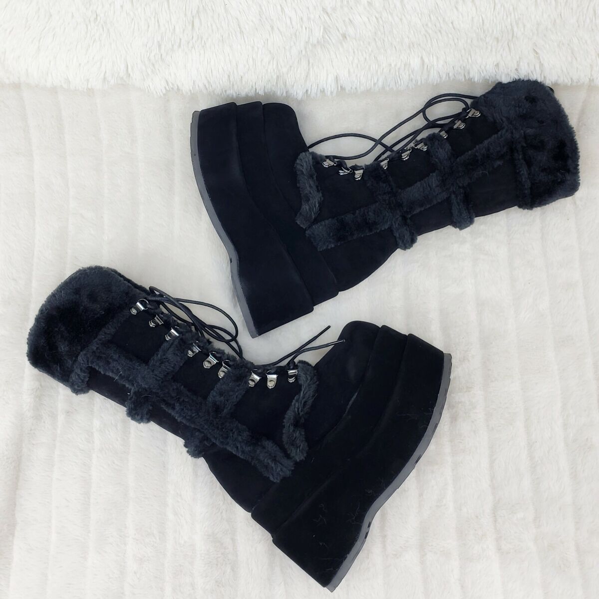 Bear 202 Black Faux Fur / Suede Platform Goth Punk Calf Bear 202 Black Faux Fur / Suede Platform Goth Punk Calf