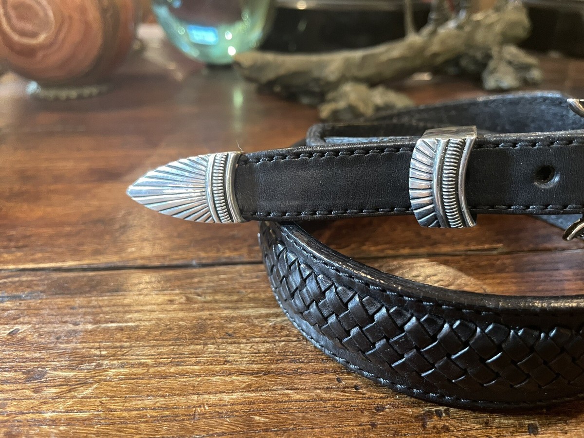Vintage MM Rogers Sterling Silver Brown Leather Belt with Coral Stones 27 in Amazing Vintage Native American Navajo Coral Sterling Silver  main image 2