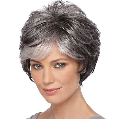 ATOZWIG Short Grey Wigs for Women Mixed Gray Pixie Cut Wigs with Bangs Natural Layered