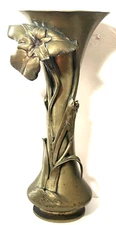 14" Antique Japanese Meiji Period Brass Floral Vase Art Nouveau Period
