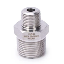 U.S. Solid 304 Stainless Steel Fitting Hex Nipple, NPT 3/4" Male x 3/8" Male