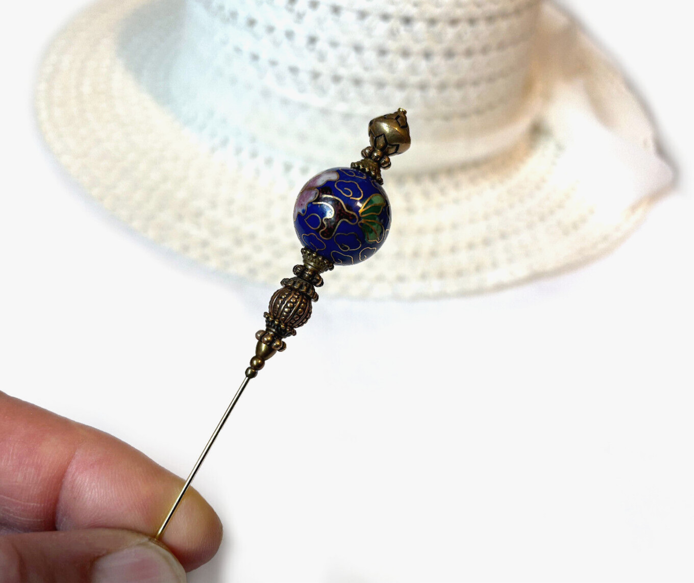 Hatpin with Vintage Tibetan Dark Blue Cloisonne on antique Brass Finish 8"