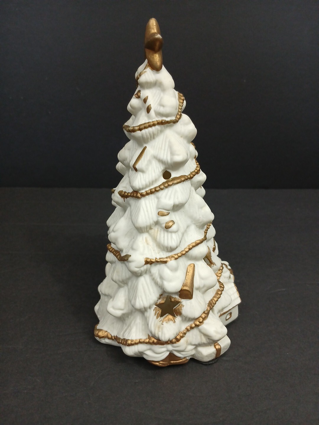 Vintage Porcelain Christmas Tree Tea Light Holder 7" White & Gold