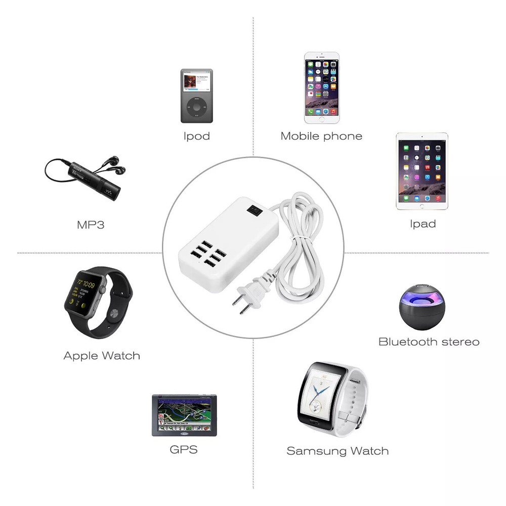 6-Port USB Fast Charging Hub for Travel and Desktop