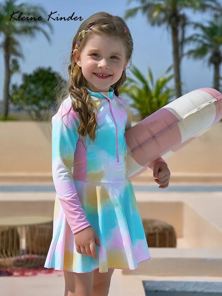 Traje de baño para niñas de una pieza protector contra erupciones manga larga falda infantil UPF50+ protección UV