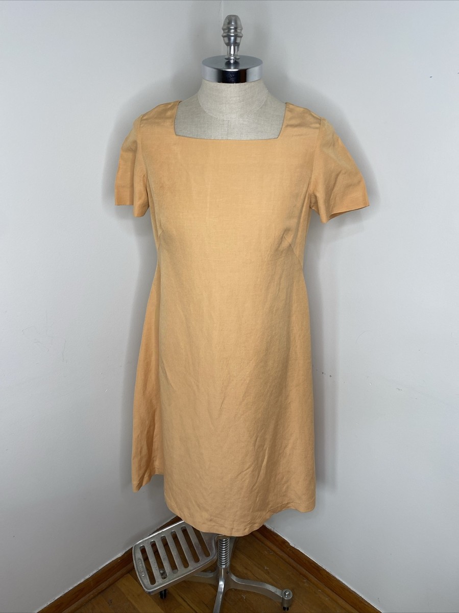 Laura Ashley Dress Sz US 10 UK 14 Silk Linen Peach Short Sleeve Midi Square  Neck | eBay
