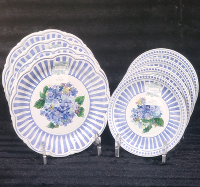 Shabby Chic Floral Hydrangea Dinner & Salad Plates 8pc Blue Wht