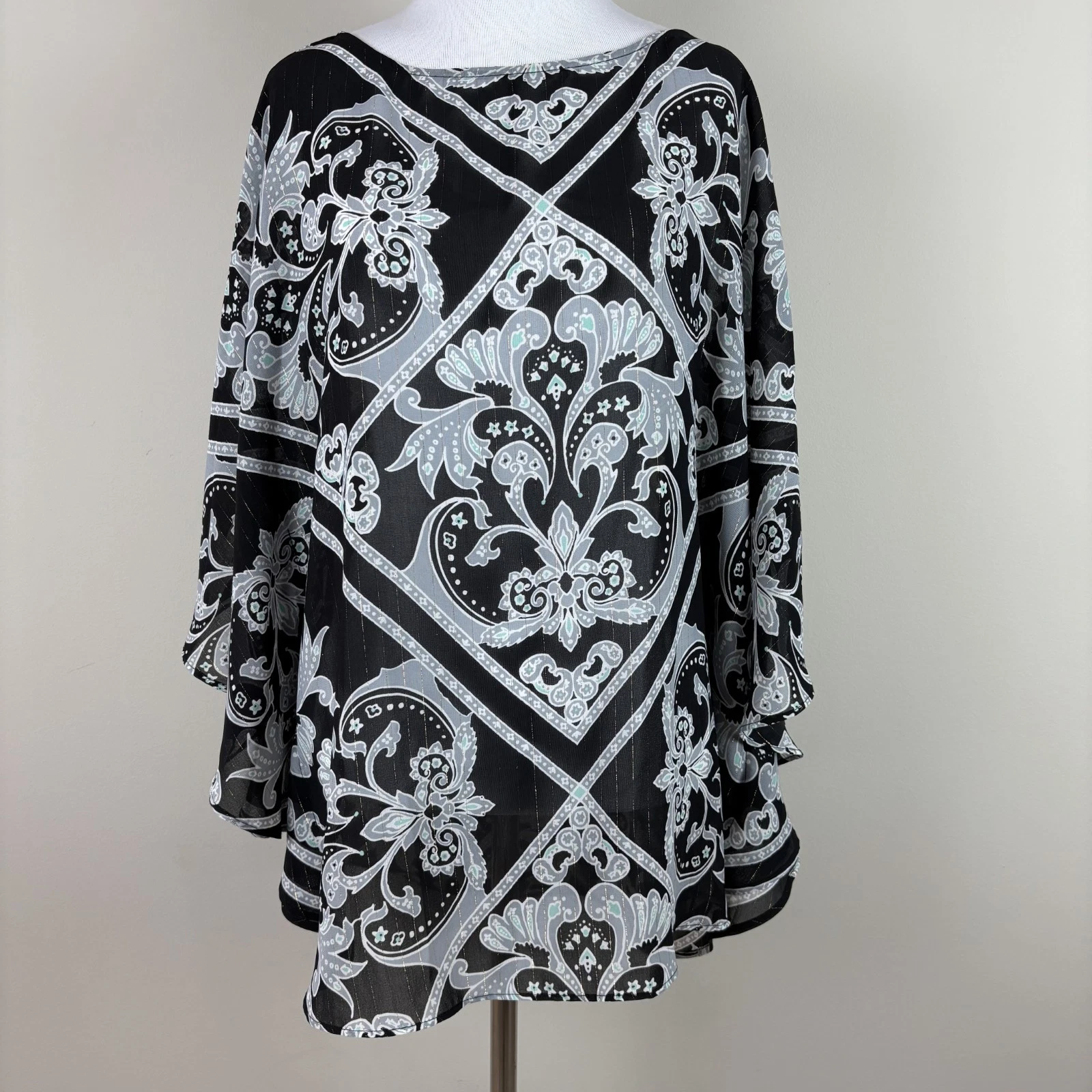 Bob Mackie Poncho Top Womens Medium Black Damask Shimmer Sheer Kafton Casual M