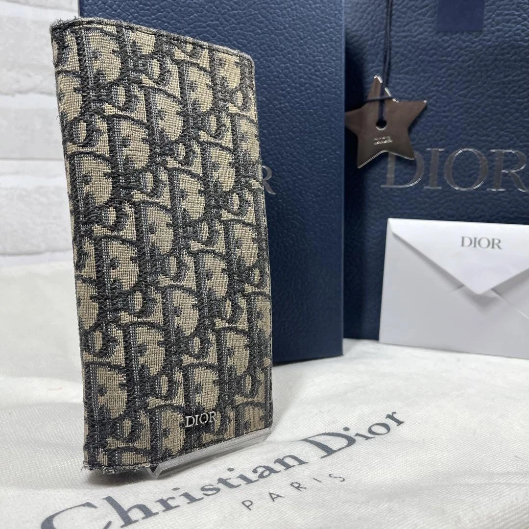 Christian Dior Portefeuille à Rabat Long Sac à Main Trotteur Cuir Toile Noir Or Auth