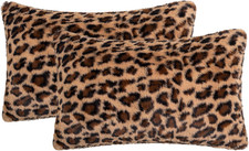 Leopard Print Faux Fur Throw Pillow Covers, 12X20 Inch, Set of 2, Soft Plush Ani