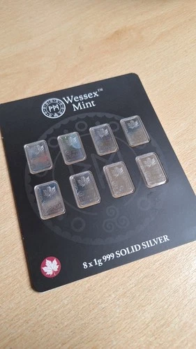 Wessex Mint 8 x 1g 999 Solid Silver Bars - Maple Leaf Design - presentation gift