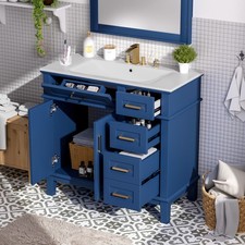 36" Blue Modern Bathroom Vanity with Ceramic Sink, Soft Close Doors, 4 Drawers