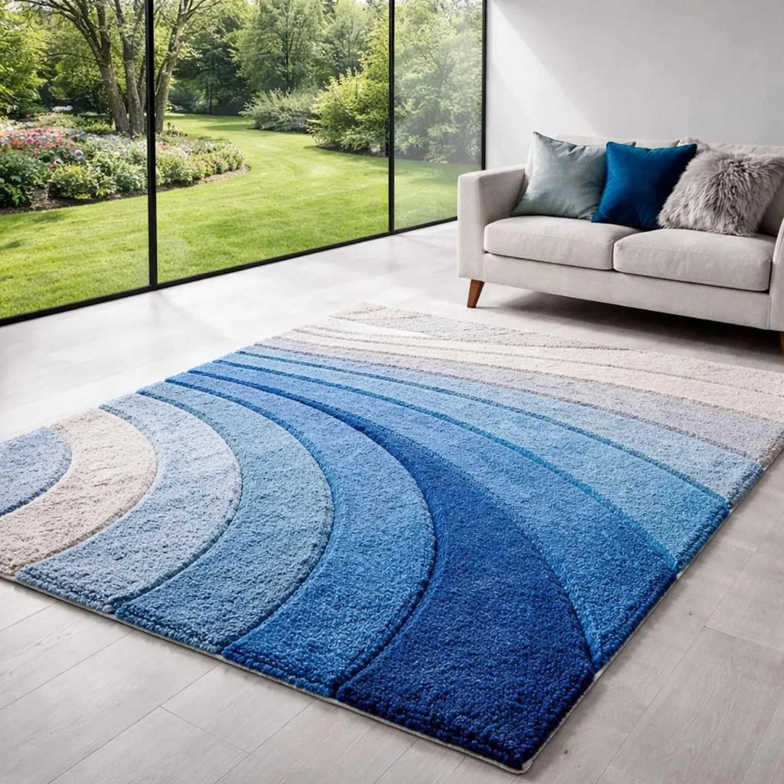 New Modern Abstract Wool Rug – Hand Tufted Blue, Ivory Plush Area Rug Carpet