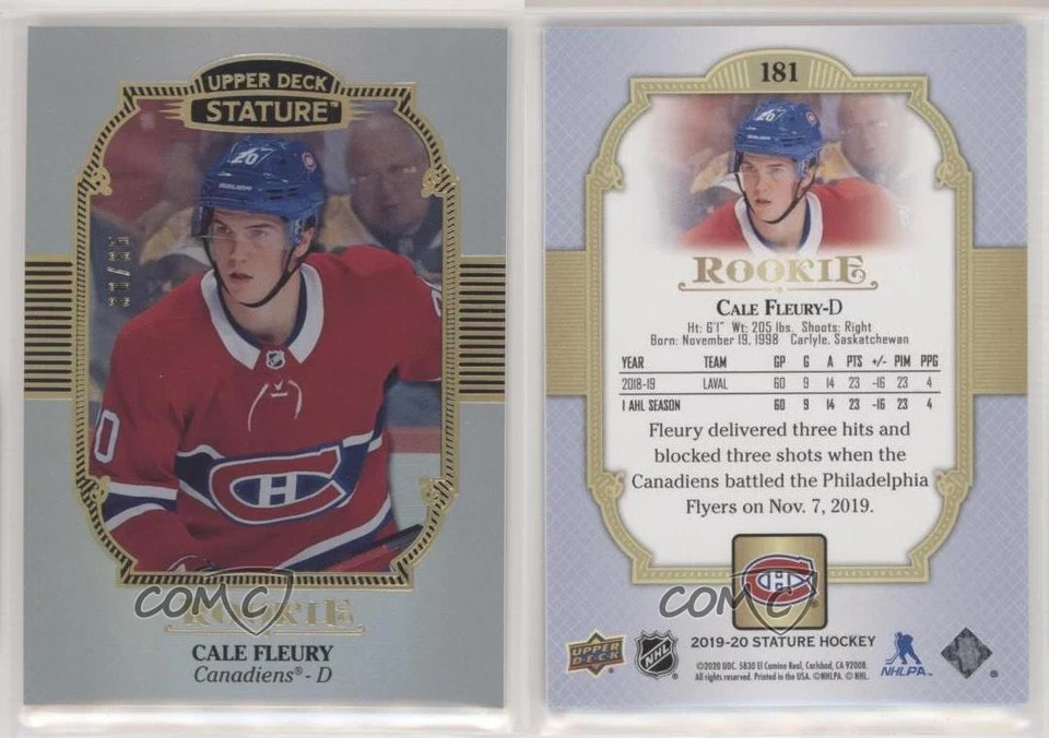2019 Upper Deck Stature Rookies Portrait Variant 31/85 Cale Fleury Rookie RC 0c6 - Image 3 of 3